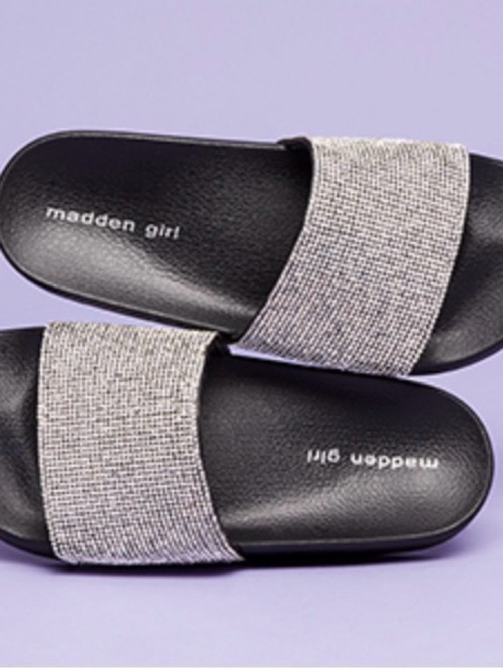 Madden Girl Black Slide Sandals with Sparkling Crystal Strap